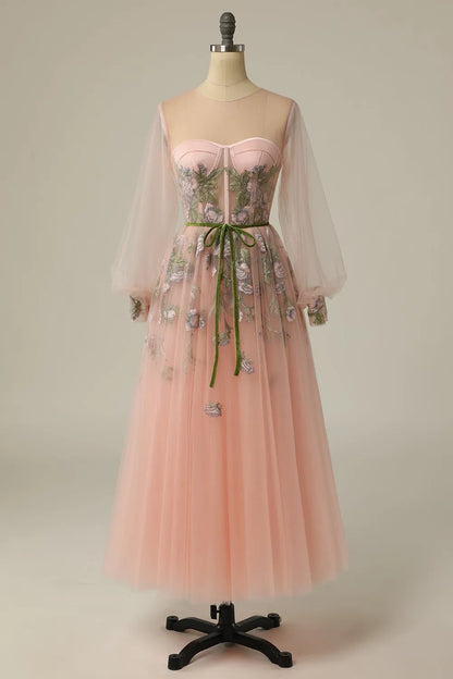 A-line Round Neck Blush Long Sleeves Prom Dress with Embroidery