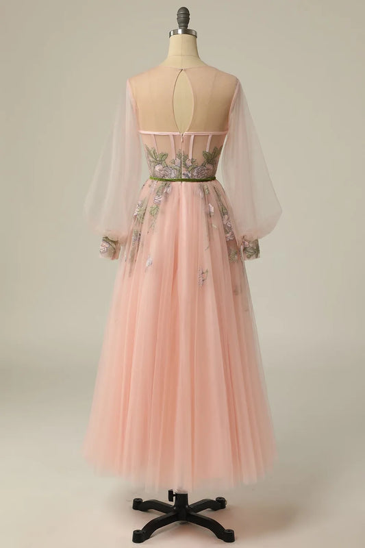 A-line Round Neck Blush Long Sleeves Prom Dress with Embroidery