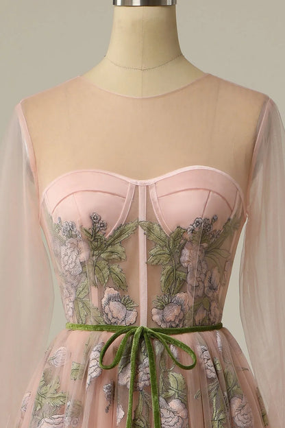 A-line Round Neck Blush Long Sleeves Prom Dress with Embroidery