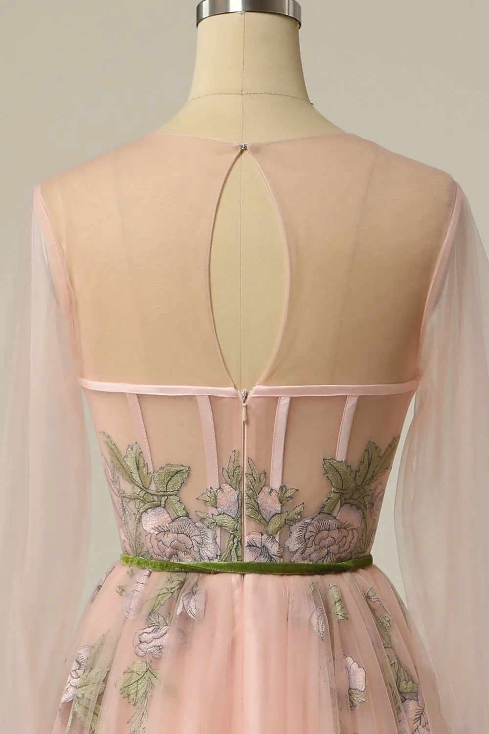 A-line Round Neck Blush Long Sleeves Prom Dress with Embroidery
