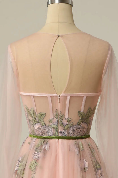 A-line Round Neck Blush Long Sleeves Prom Dress with Embroidery