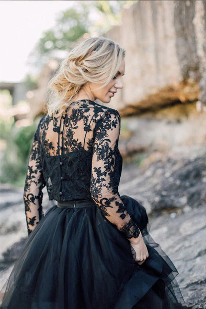 A-line Round Neck Lace Tulle Long Sleeves Wedding Dresses With Train