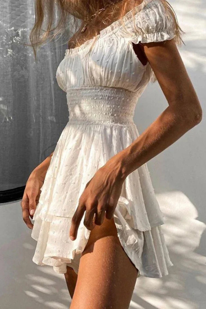 A-line Round Neck Short Sleeves Multi-layer Ruffle Short Homecoming Dress