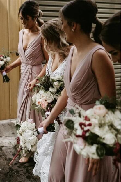 A-line Sleeveless Backless Floor Length Chiffon Deep V Neck Bridesmaid Dresses