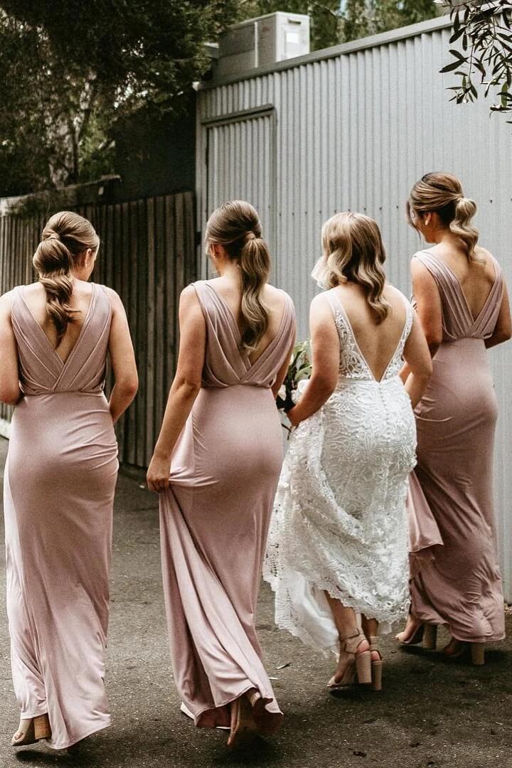 A-line Sleeveless Backless Floor Length Chiffon Deep V Neck Bridesmaid Dresses