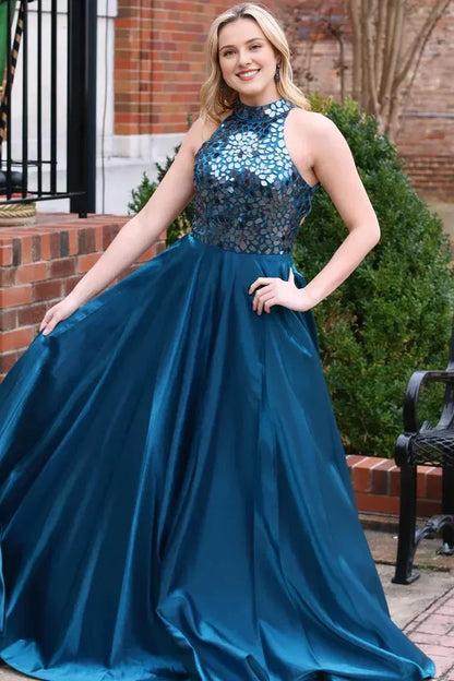 A-line Sleeveless Backless Floor Length Mirror Halter Prom Dresses