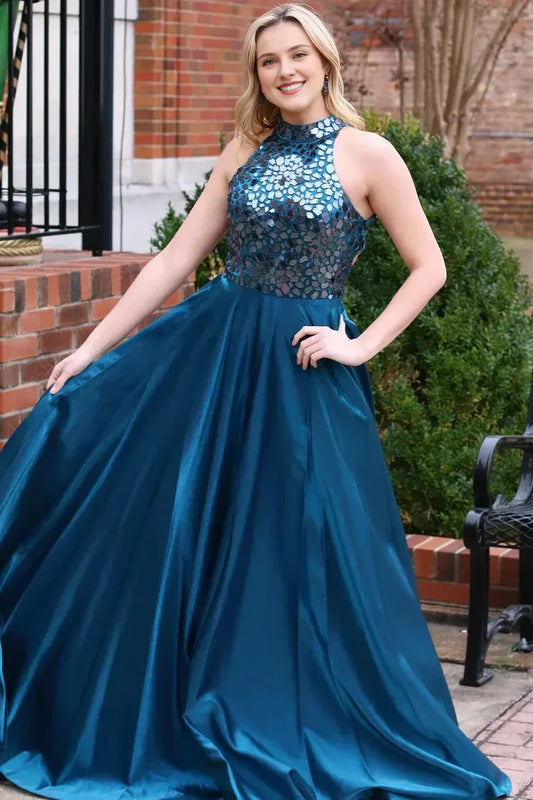 A-line Sleeveless Backless Floor Length Mirror Halter Prom Dresses