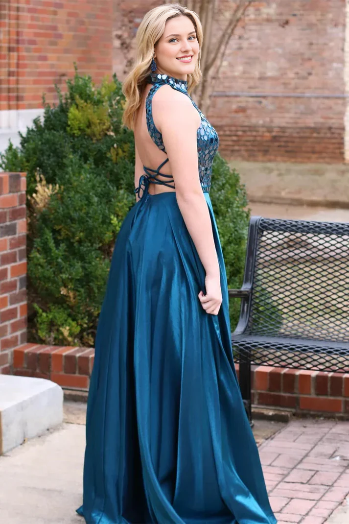 A-line Sleeveless Backless Floor Length Mirror Halter Prom Dresses