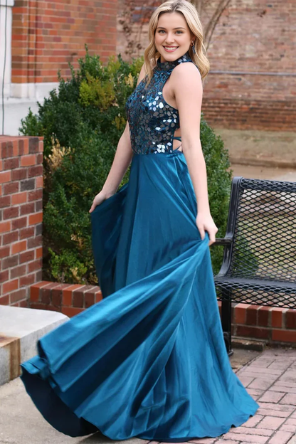 A-line Sleeveless Backless Floor Length Mirror Halter Prom Dresses