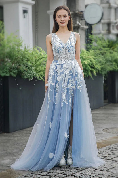 A-line Sleeveless Blue Appliques V-neck Tulle Prom Dress with Slit
