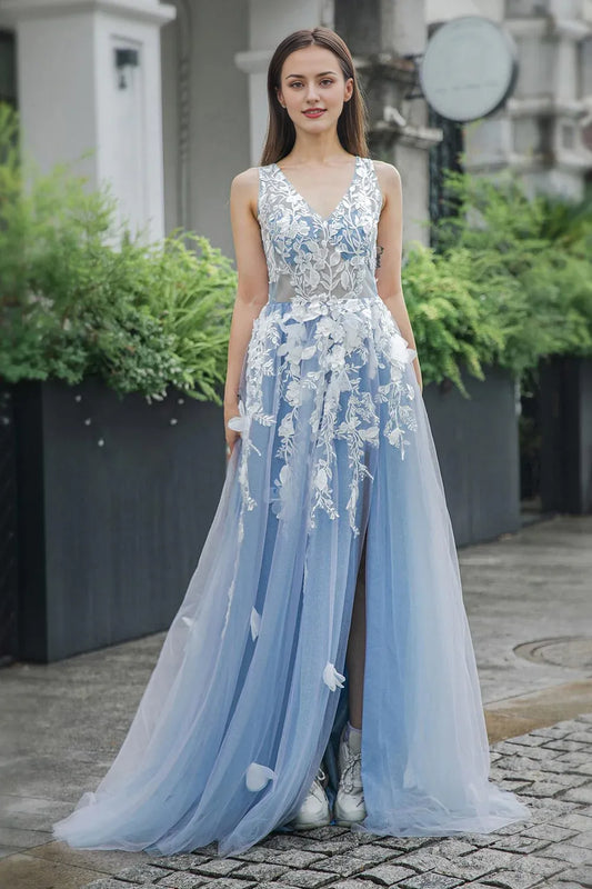 A-line Sleeveless Blue Appliques V-neck Tulle Prom Dress with Slit