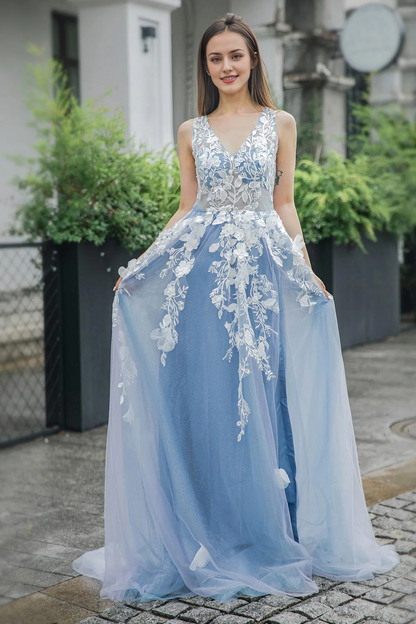 A-line Sleeveless Blue Appliques V-neck Tulle Prom Dress with Slit