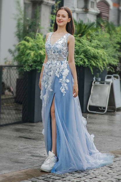 A-line Sleeveless Blue Appliques V-neck Tulle Prom Dress with Slit