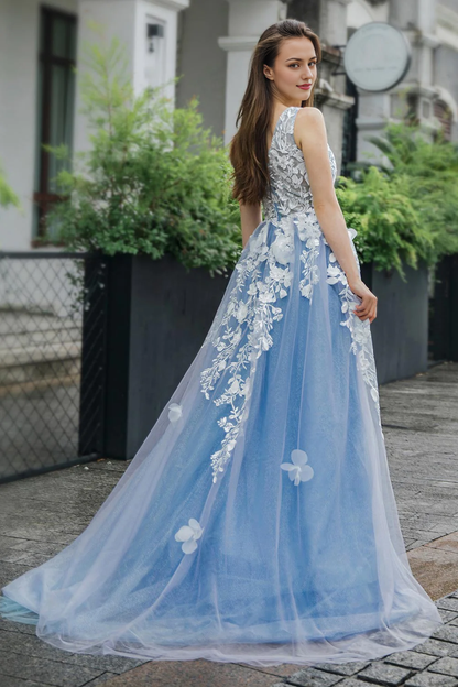 A-line Sleeveless Blue Appliques V-neck Tulle Prom Dress with Slit