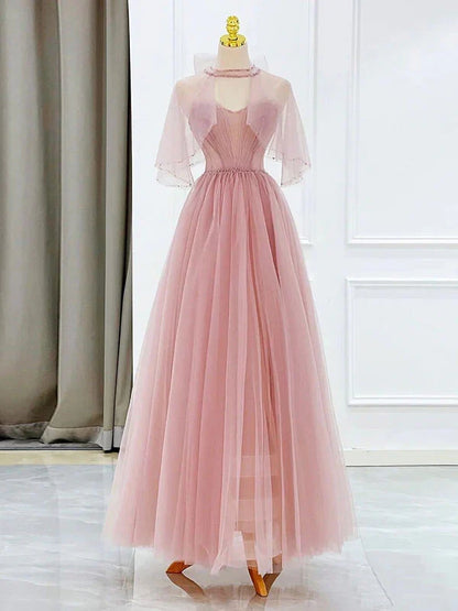 A-line Sleeveless Off Shoulder Pink Tulle Tea Length Strapless Prom Dress