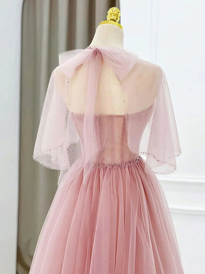 A-line Sleeveless Off Shoulder Pink Tulle Tea Length Strapless Prom Dress