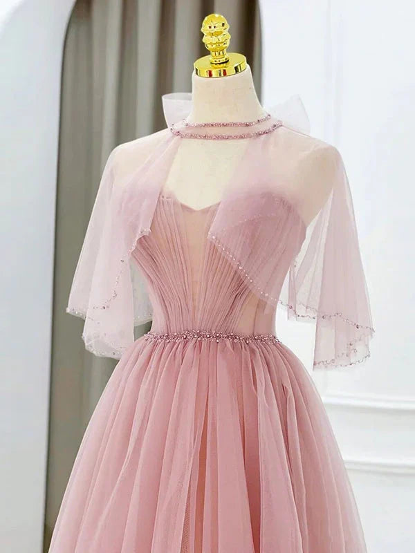 A-line Sleeveless Off Shoulder Pink Tulle Tea Length Strapless Prom Dress
