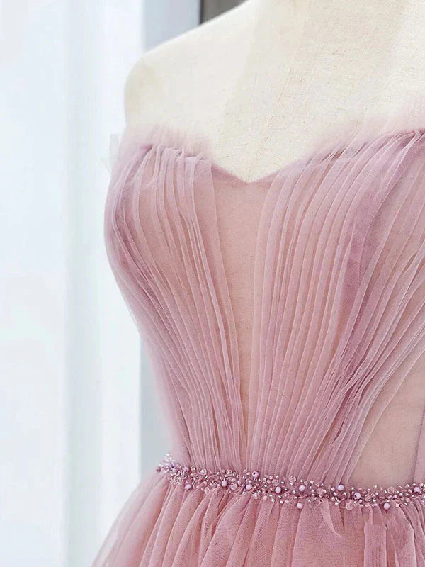 A-line Sleeveless Off Shoulder Pink Tulle Tea Length Strapless Prom Dress