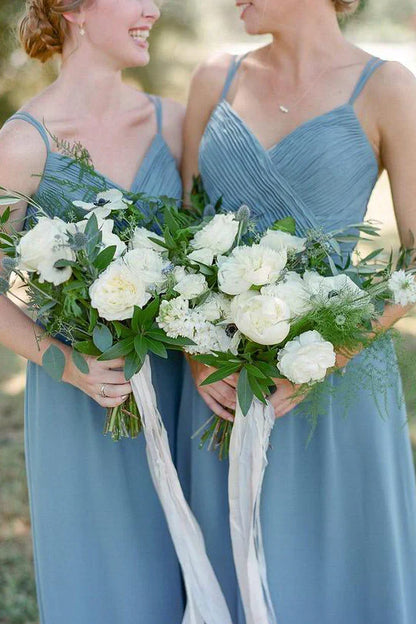 A-line Spaghetti Straps Pleated Dusty Blue Long Bridesmaid Dress/Formal Women's Dresses