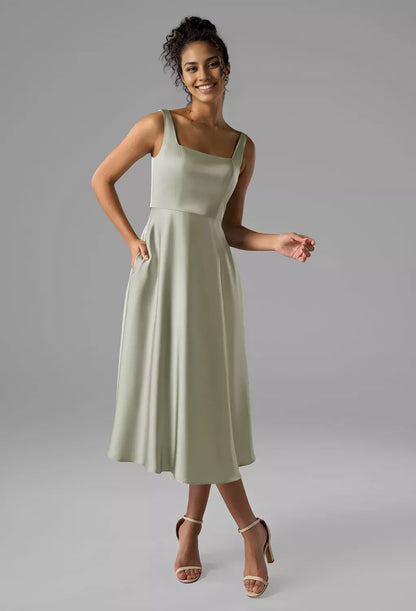 A-line Square-Neck Tea Length Sleeveless Prom Dresses Satin Beautiful No Slit Affordable Satin Evening Dresses