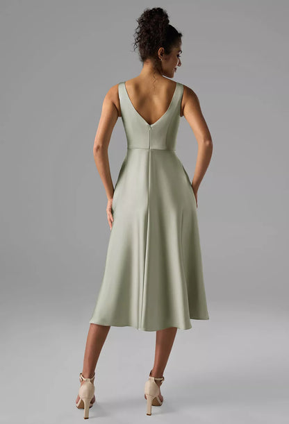 A-line Square-Neck Tea Length Sleeveless Prom Dresses Satin Beautiful No Slit Affordable Satin Evening Dresses