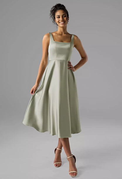 A-line Square-Neck Tea Length Sleeveless Prom Dresses Satin Beautiful No Slit Affordable Satin Evening Dresses