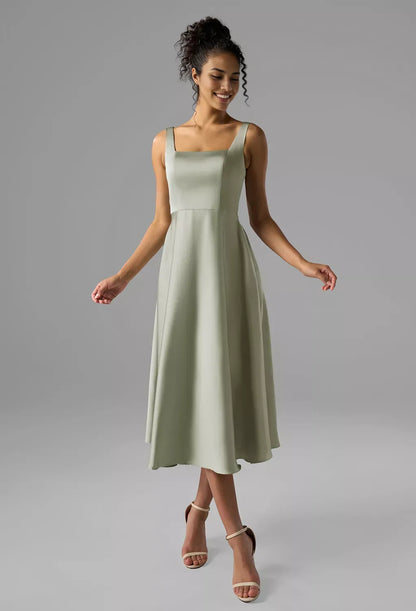 A-line Square-Neck Tea Length Sleeveless Prom Dresses Satin Beautiful No Slit Affordable Satin Evening Dresses