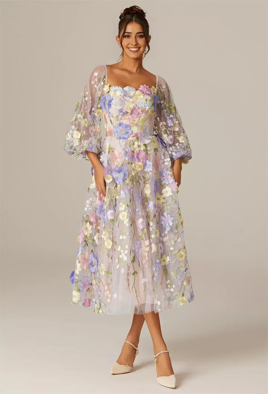 A-line Straight Neckline Elegant Tea Length Prom Dress Tulle 3D Floral Embroidered Puff Sleeves Pretty Long Sleeve Gowns
