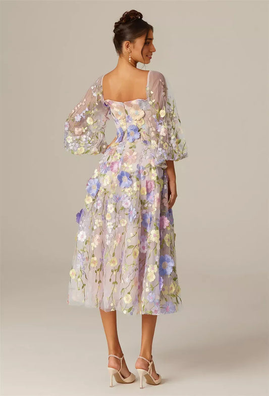 A-line Straight Neckline Elegant Tea Length Prom Dress Tulle 3D Floral Embroidered Puff Sleeves Pretty Long Sleeve Gowns