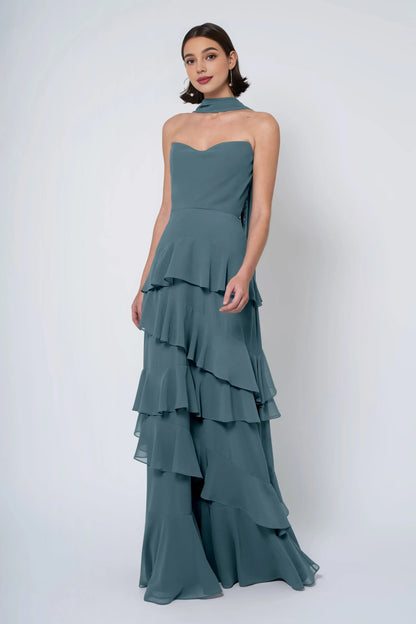 A-line Strapless Cowl Neck Ruffle Tiered Chiffon Discount Floor Length Prom Dresses Custom Off the Shoulder Evening Dresses