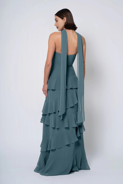 A-line Strapless Cowl Neck Ruffle Tiered Chiffon Discount Floor Length Prom Dresses Custom Off the Shoulder Evening Dresses
