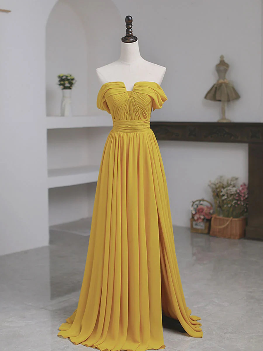 A-line Strapless Pleated Simple Yellow Off Shoulder Chiffon Prom Dress