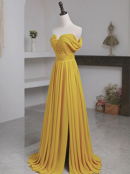 A-line Strapless Pleated Simple Yellow Off Shoulder Chiffon Prom Dress