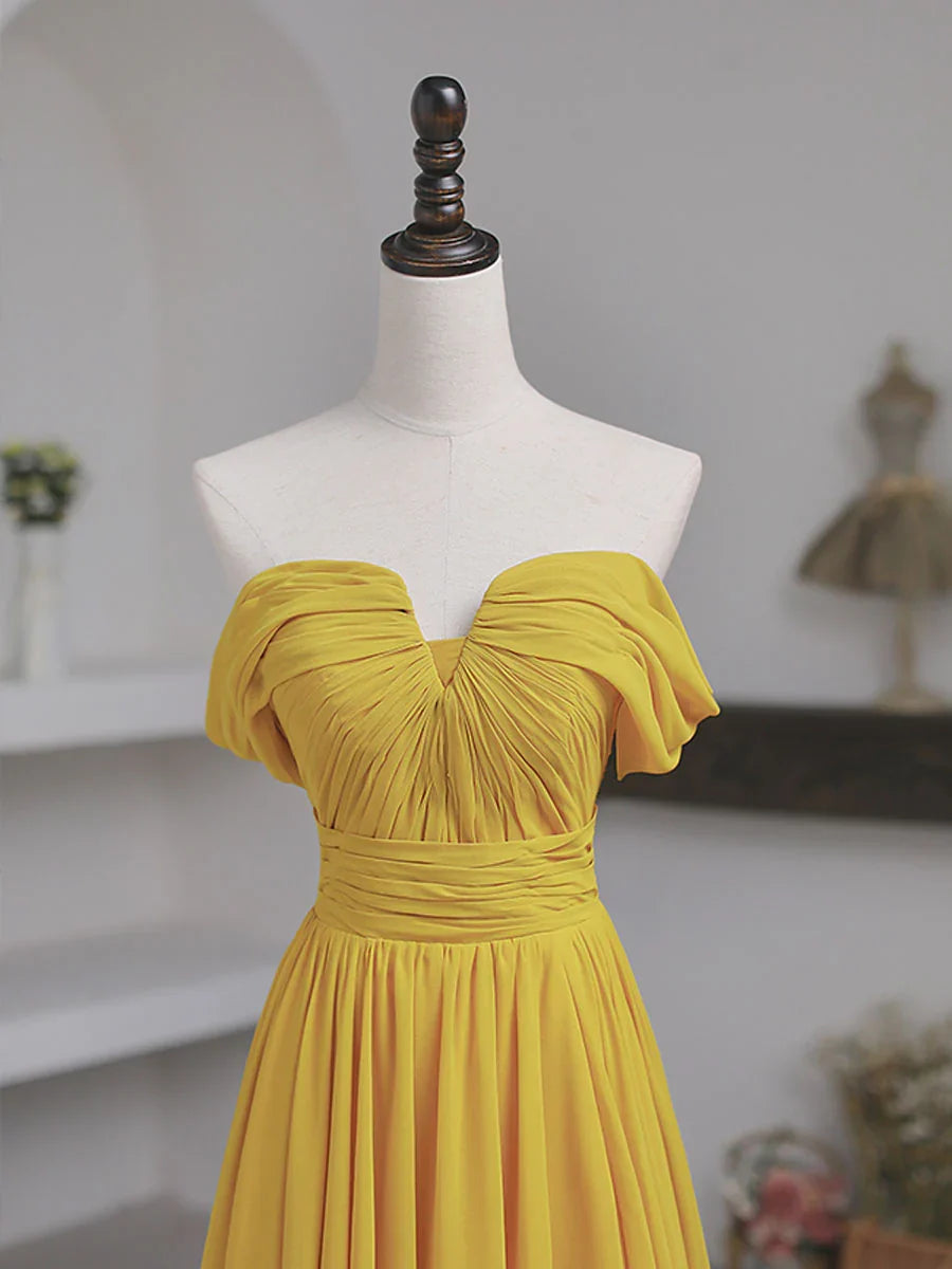 A-line Strapless Pleated Simple Yellow Off Shoulder Chiffon Prom Dress