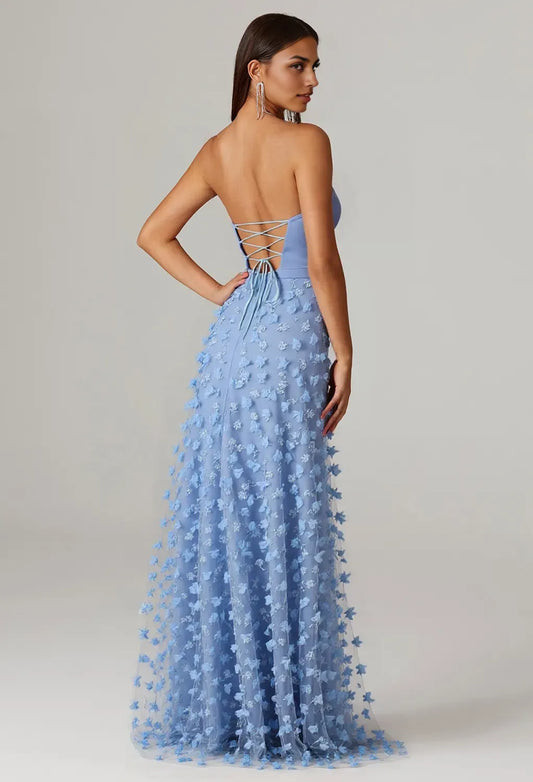 A-line Sweetheart Neckline Floor Length Prom Dresses Tulle Strapless Sleeveless Floral Embroidered Off the Shoulder Evening Dresses price