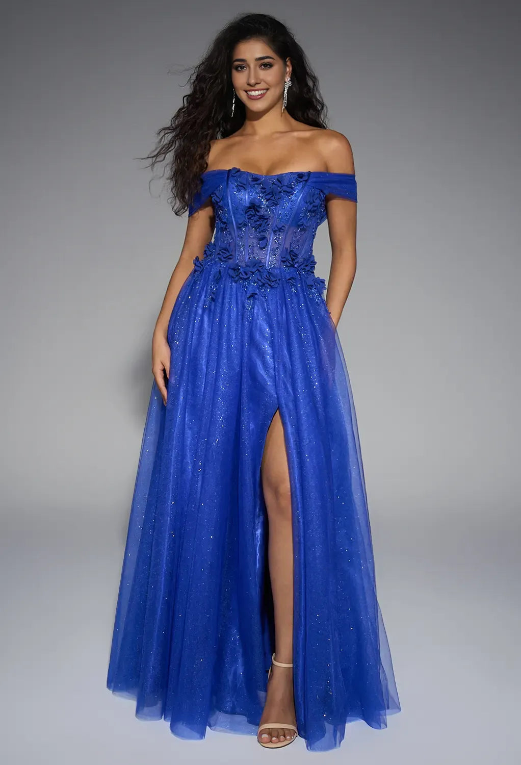 A-line Sweetheart Neckline Off the Shoulder Floor Length Prom Dresses Sleeveless Corset Cheap Royal Blue Tulle Ball Gowns