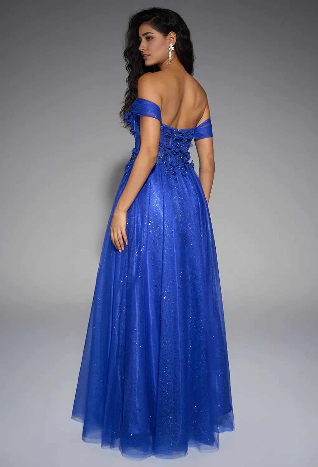 A-line Sweetheart Neckline Off the Shoulder Floor Length Prom Dresses Sleeveless Corset Cheap Royal Blue Tulle Ball Gowns