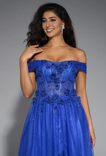 A-line Sweetheart Neckline Off the Shoulder Floor Length Prom Dresses Sleeveless Corset Cheap Royal Blue Tulle Ball Gowns