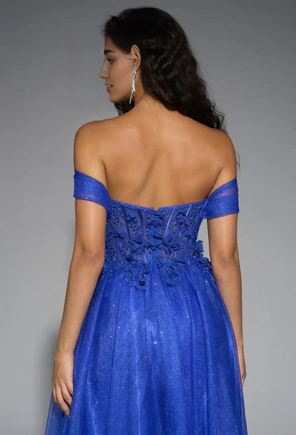 A-line Sweetheart Neckline Off the Shoulder Floor Length Prom Dresses Sleeveless Corset Cheap Royal Blue Tulle Ball Gowns
