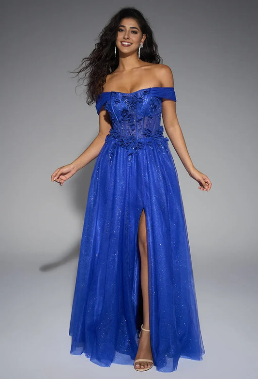 A-line Sweetheart Neckline Off the Shoulder Floor Length Prom Dresses Sleeveless Corset Cheap Royal Blue Tulle Ball Gowns