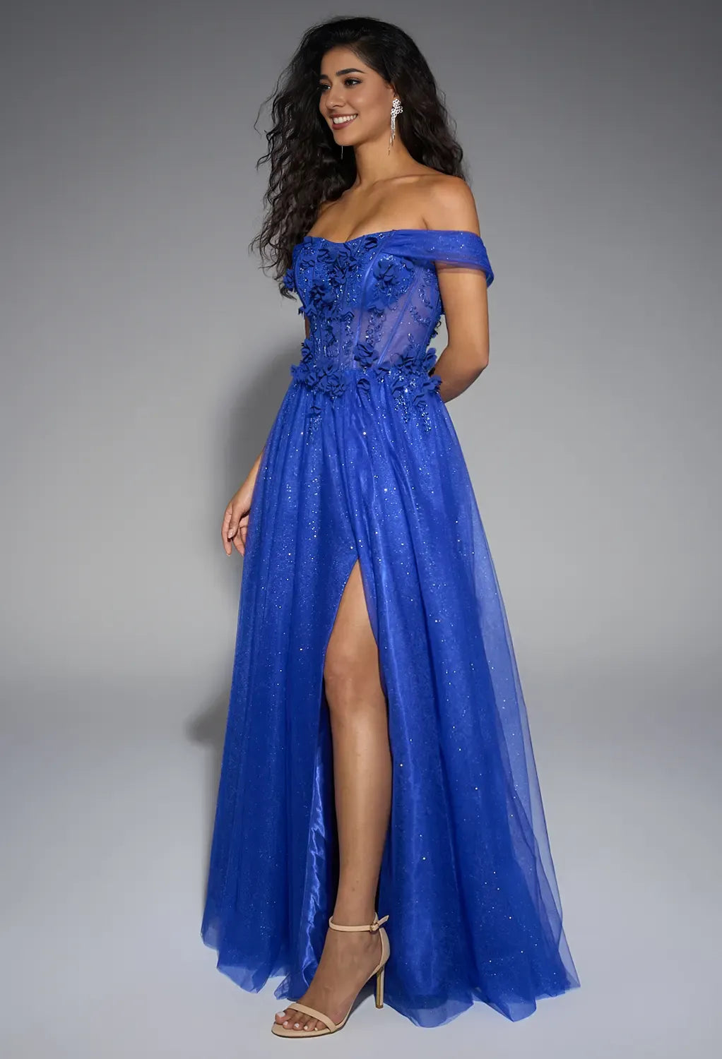 A-line Sweetheart Neckline Off the Shoulder Floor Length Prom Dresses Sleeveless Corset Cheap Royal Blue Tulle Ball Gowns