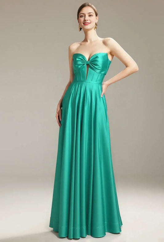 A-line Sweetheart Neckline Strapless Floor Length Prom Dresses Satin Sleeveless Pleat Discount Long Bridesmaid Dresses