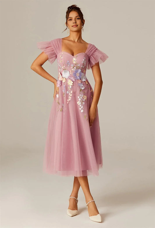 Steaming A-line Sweetheart Neckline Tea Length Flutter Sleeve Prom Dresses Tulle Affordable A-Line Evening Dresses For Women