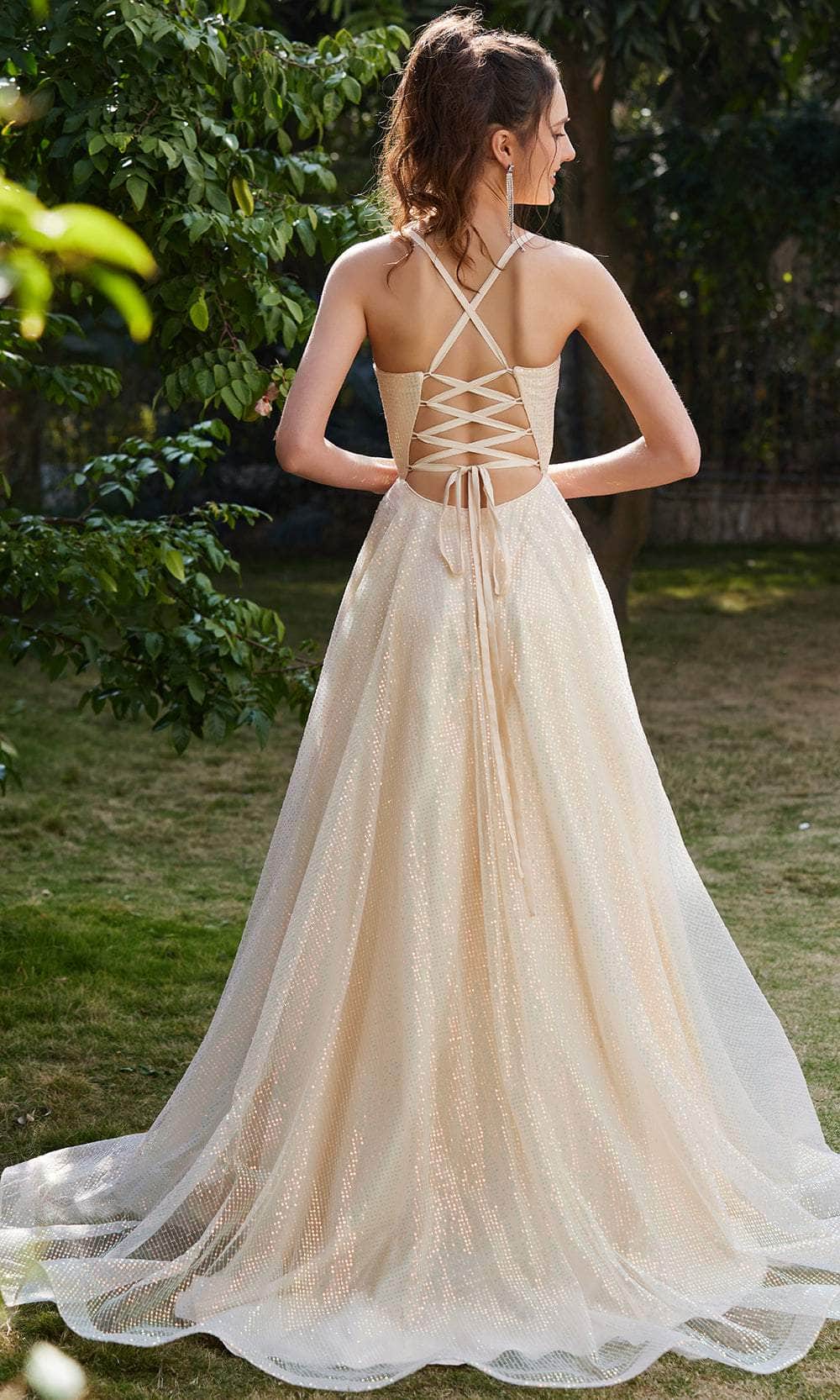 A-line Sweetheart V Neck Off-the-Shoulder Sleeveless Lace-Up Back Prom Gown / Prom Dress In Store