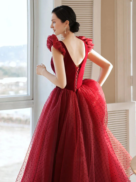 A-line Tea Length Tulle Round Neck Prom Dresses Sleeveless With Velvet