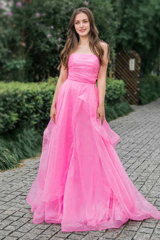 A-line Tulle Floor Length Off-the-Shoulder Strapless Long Pink Prom Dress