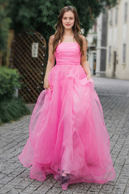 A-line Tulle Floor Length Off-the-Shoulder Strapless Long Pink Prom Dress