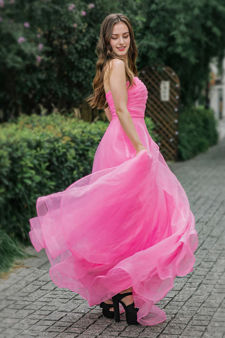A-line Tulle Floor Length Off-the-Shoulder Strapless Long Pink Prom Dress