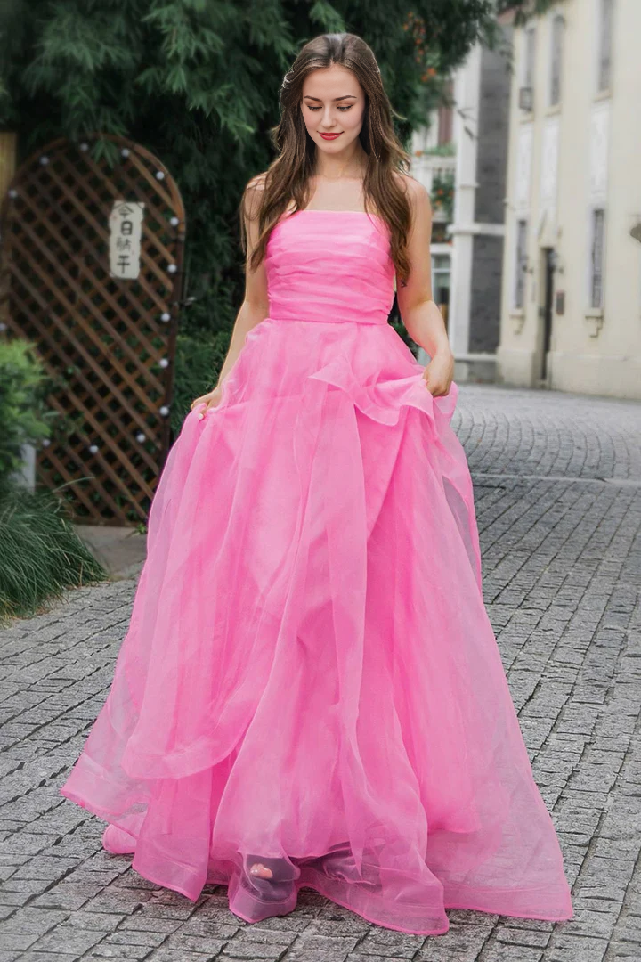 A-line Tulle Floor Length Off-the-Shoulder Strapless Long Pink Prom Dress