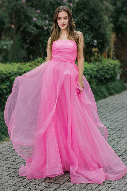 A-line Tulle Floor Length Off-the-Shoulder Strapless Long Pink Prom Dress
